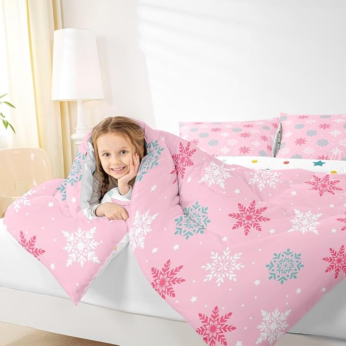 Feelyou Winter Snowflakes Bedding Set Soft for Boys Girls, Winter Holiday Comforter Set Queen Size Frozen Snowflake Duvet Quilt Microfiber Pink Bedroom Decor 3 Pcs with 2 Pillow Cases