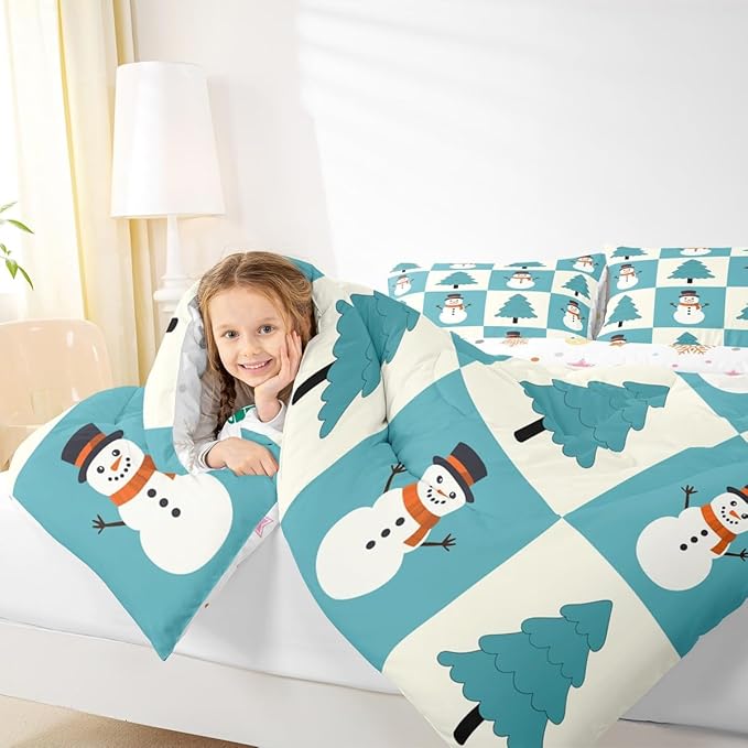 Feelyou Merry Christmas Comforter Set All Season Snowman Bedding Set with 2 Pillow Cases Xmas Tree Microfiber Kids Full Bedclothes Bedroom Decor Duvet Quilt Breathable Soft Lightweight