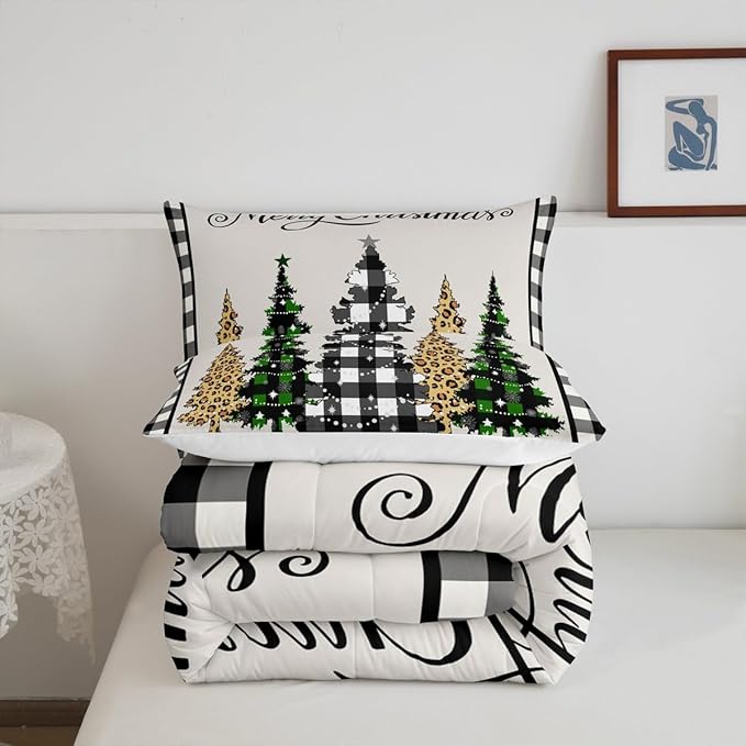 Merry Christmas Kids Comforter Set King Size,Leopard Plaids Pines Trees Bedding,Girls Boys Adults Bedroom/Xmas Cabin Decor,Geometric Grids Retro Down Comforter,Rustic Duvet Insert,2 Pillowcases