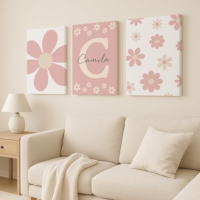 Personalized Girls Nursery Wall Art - Custom Name Stretched Canvas 3pc Framed Daisy Flower Wrapped Painting for Baby Room Kids Bedroom Initial Wall Decor Baby Shower Newborn Birthday Mother's Day Housewarming Christmas Thanksgiving Gift(40×50cm / 15.7×...