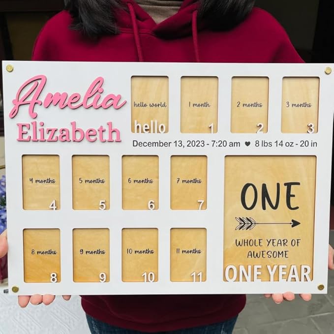 Personalized 1st Birthday Picture Frame – Wooden My First Year Photo Board for Baby Girl, Custom Picture Frame Keepsake, One Year Old Birthday Decorations, Photo Display Board