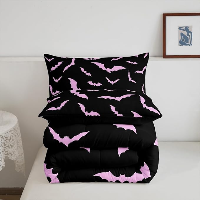 Erosebridal Halloween Bedding Set Toddler Size for Kids Boys Youth Pink Bats Comforter Set Happy Holiday Gothic Quilt with 1 Pillow Case Spooky Animal Bedding Comforter Sets