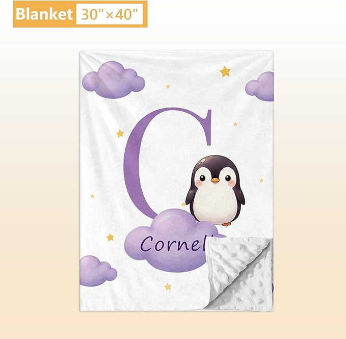Custom Baby Bedding Set, 5 Pcs Personalized Baby Crib Sets with Name, Toddler Bedding Set for Baby Girl Boy, Purple Penguin Double Layer Nursery Bedding Set, Customized Gift for Infant Newborn