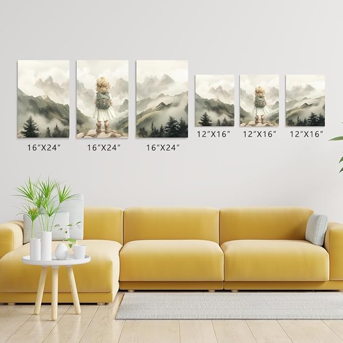 3-Piece Adventure Girl Nursery Wall Art, Mountain & Woodland Forest Nursery Decor for Toddler Room, Adventure Nursery Wall Decor for Kids Baby Girl's Room, Framed Canvas Set, 12"x16"