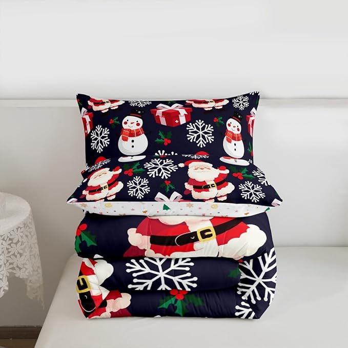 jejeloiu Merry Christmas Comforter Set Toddler Size Xmas Santa Claus Bedding Set for Kids Boys Girls Cute Snowman Duvet Quilt Dark Blue Bedroom Decor