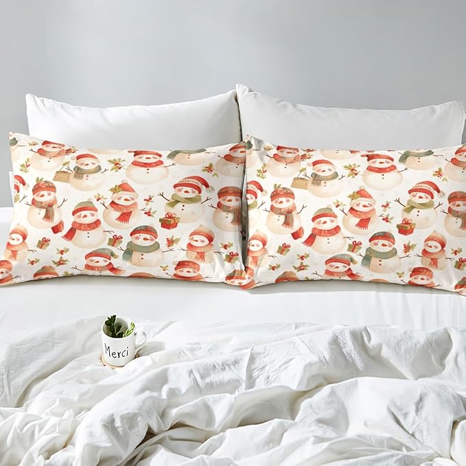 Manfei Cute Snowman Duvet Cover Set King Size, Christmas Theme Bedding Set for Kids Kids Girls Room Decor, Western New Year Comforter Cover, Lightweight Bedspread Cover, 2 Pillowcases, No Comforter