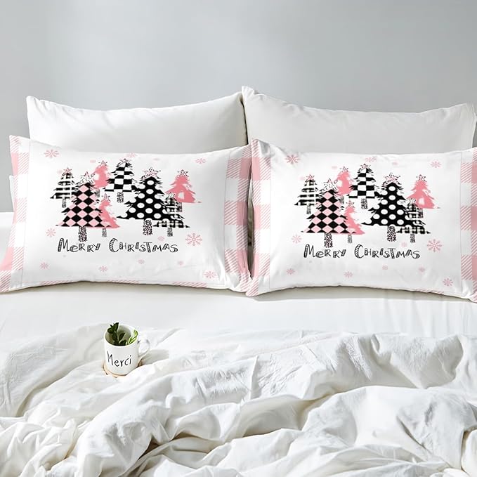 Merry Christmas Duvet Cover Set Queen Size, Pink Plaid Xmas Trees Bedding Set 3pcs, New Year Holiday Quilt Cover with Zipper Closures, Kids Girls Santa Claus Room Decor, 2 Pillowcases, No Comforter