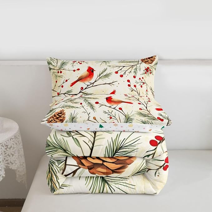 Feelyou Cardinal Bird Kids Comforter Set Full Size Pine Branch Bedding Set Red Berry Duvet Quilt for Kids Boys Girls Bedroom Pine Cone Decor Winter Christmas Pattern Microfiber Ultra Soft Breathable
