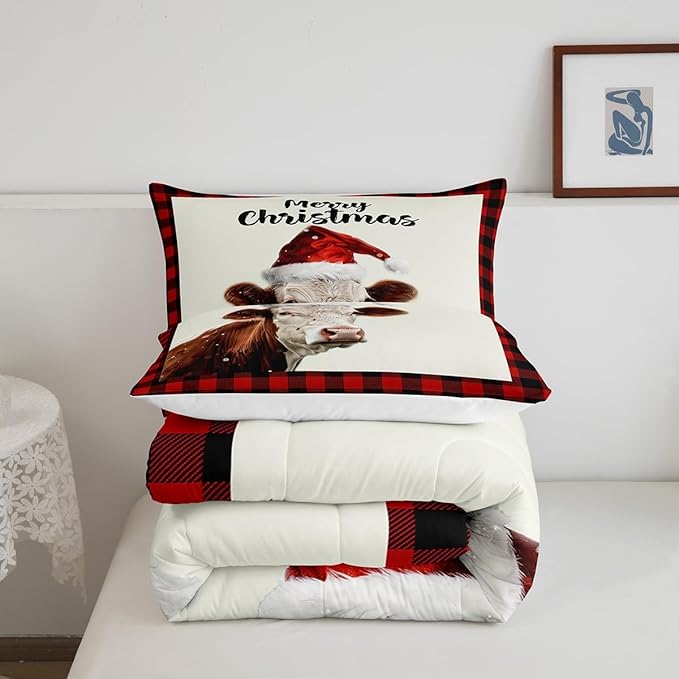 Xmas Cow Cattle Animal Bed Comforter Set Queen Size,Christmas Farmhouse Super Soft Microfiber Bedding Set for Girls Boys,Vintage Cabin Red Plaid Decorative Quilter Set