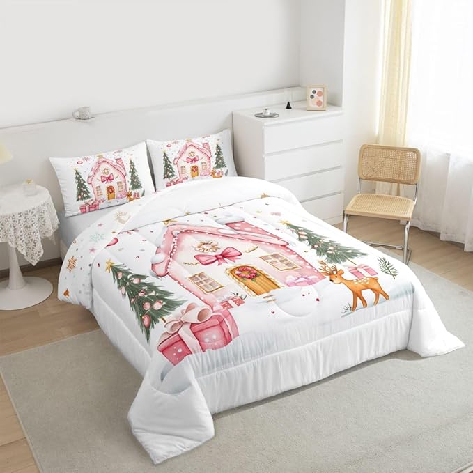 Feelyou Gingerbread House Bedding Set Soft for Boys Girls, Christmas Tree Comforter Set Toddler Size Reindeer Duvet Quilt Microfiber Snowflake Bedroom Decor Holiday Scene 2 Pcs with 1 Pillow Cases