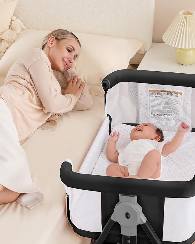 3 in 1 Baby Bassinet Crib with Breathable Mesh, Bassinet Bedside Sleeper with Wheels, Mosquito Net, Storage Basket, 6 Height Adjustable, Easy to Fold, Rocking Bassinet for Baby, Black