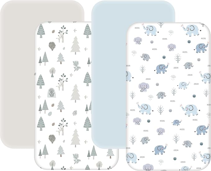 4 Pack Mini Crib Sheets Fitted - 38"x26" Pack and Play Sheets for Playard Mattress, Portable Mini Crib | Soft & Skin Friendly Pack N Play Sheets for Boys (Elephant & Woodland)