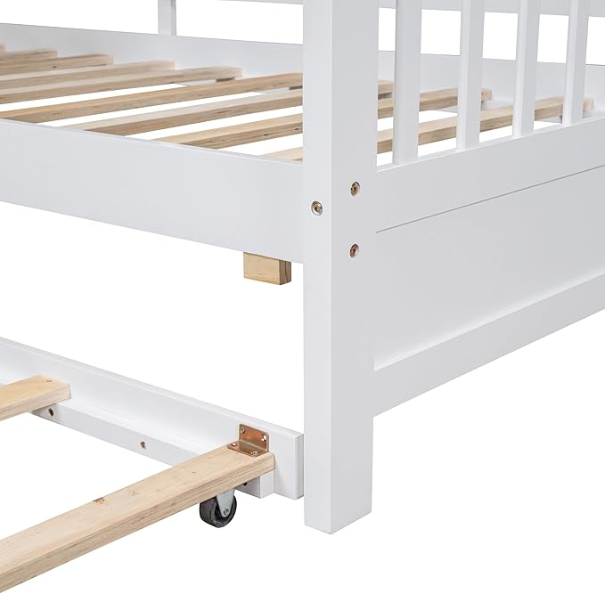 Twin Size House Bed with Roof and Window for Kids, Wooden Playhouse Bed with Storage Shelves and Trundle for Bedroom Furniture Girls & Boys (White/T1)