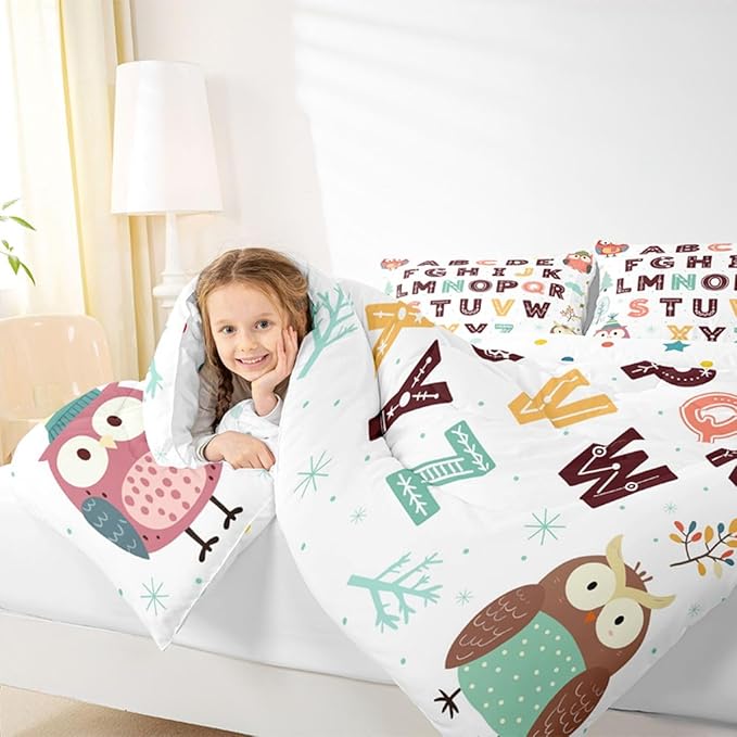 Feelyou Alphabet Kids ABC Learning Comforter Set Queen Size Cartoon Owls Bedding Set for Kids Boys Girls Educational Nursery Art Duvet Quilt Wildlife Bedroom Decor 3 Pcs with 2 Pillow Cases