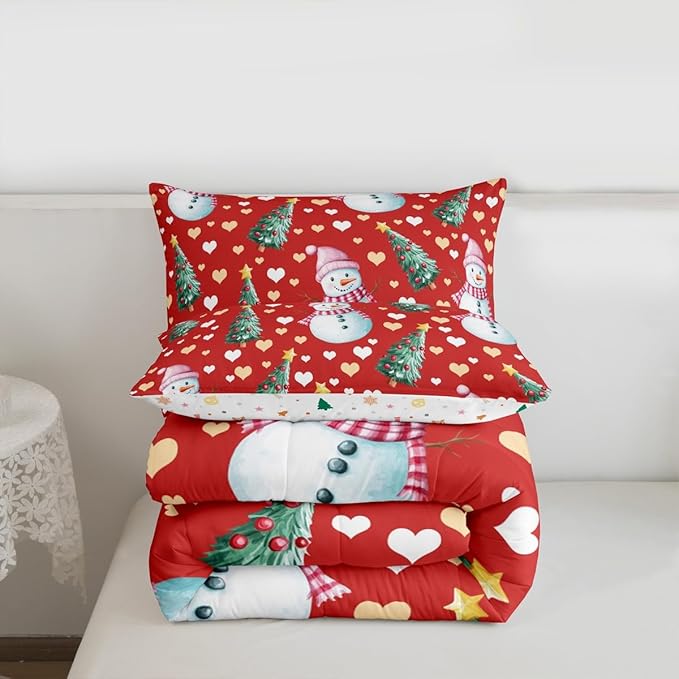 Feelyou Merry Christmas Comforter Set King Size Cute Snowman Bedding Set for Kids Boys Girls Christmas Tree Duvet Quilt Love Hearts Microfiber 3 Pcs with 2 Pillow Cases