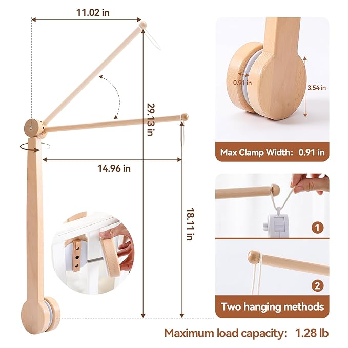 Baby Crib Mobile Arm,HBM 19-37 inches Wooden Mobile Arm for Crib Mobile Hanger for Crib Baby Girl Nursery Decor