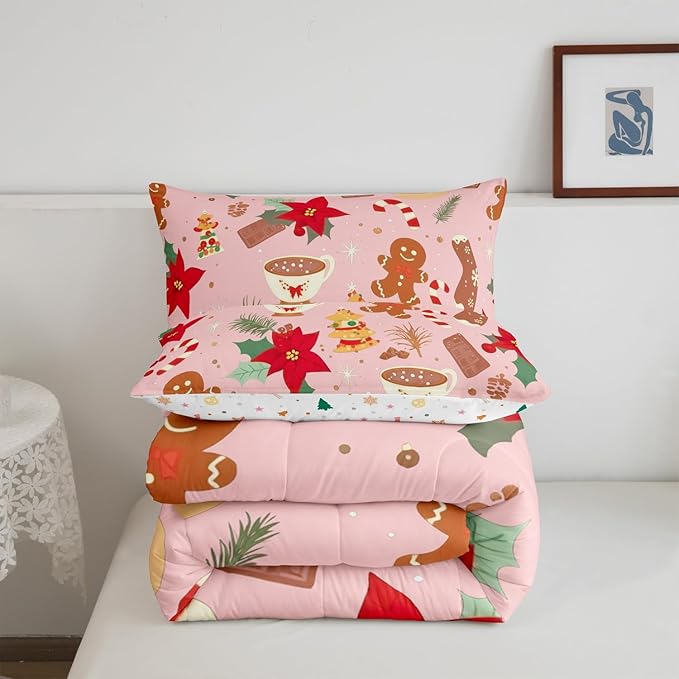 Feelyou Cute Gingerbread Man Bedding Set for Kids Boys Girls King Size Christmas Trees Comforter Set Ultra Soft Candy Comforter Dessert Duvet Quilt Bedroom Decor Christmas Decor Quilt
