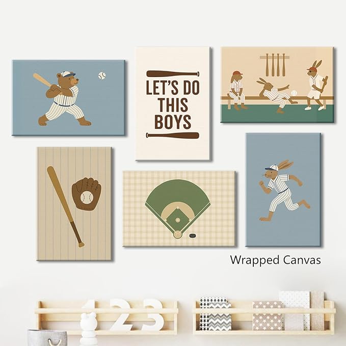 Baseball Poster Canvas, Baby Boy Sports Nursery Wall Art, Cute Animal Rabbit Bear Athletes Pictures, Let's Do This Boys Charming Quote Print, Kids Bedroom Baseball Field Art 8x12in Framed