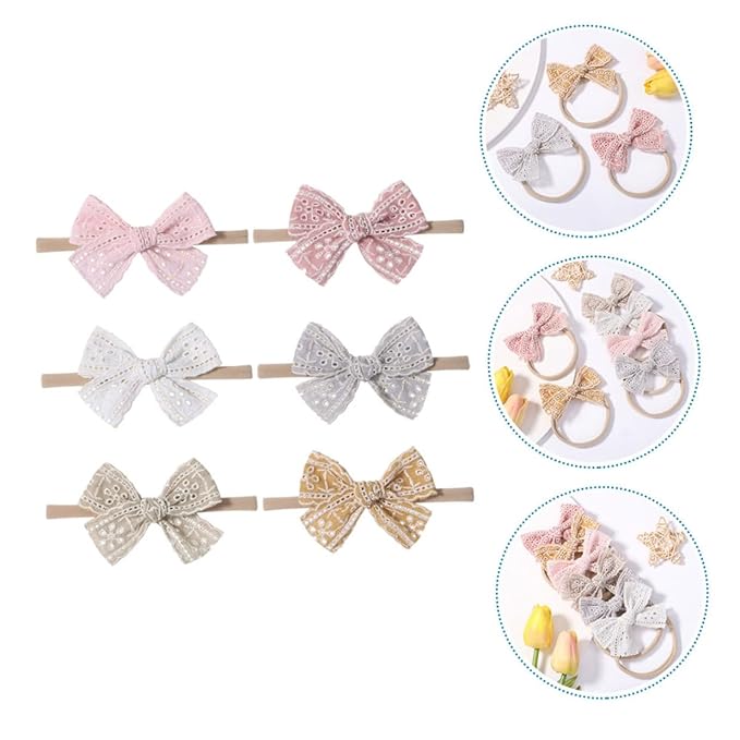 6 Pcs Headbands with Lace Bow Elastic Hairbands for Newborn Soft Nylon Hair Bows for Birthday Shower Photography Props