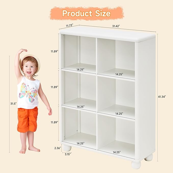 Kids Bookshelf, Large Wooden Bookcase with 6 Cube Storage, Girl Toy Storage Organizer Cabinet with Child Safe Paint&Thick Board, Boy Tall Book Shelves Nook for Office Playroom Living Room (White)