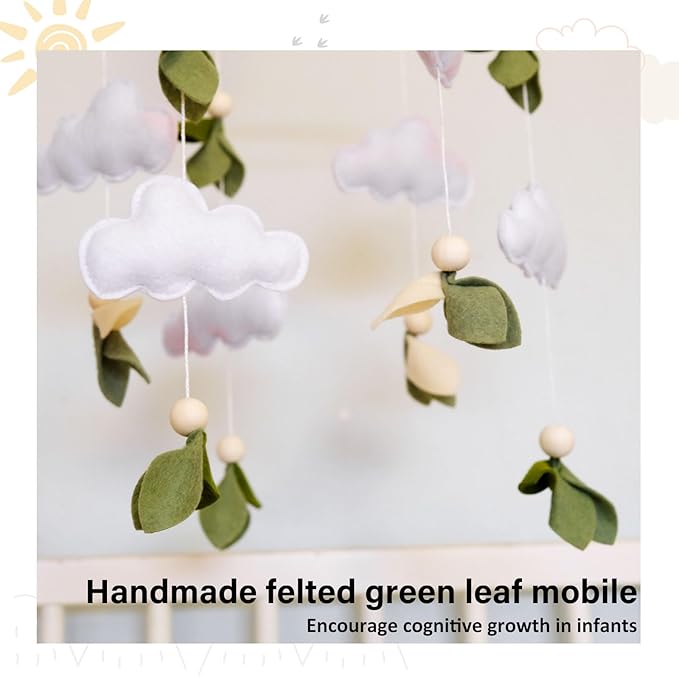 Green Leaf Baby Crib Mobile, WoodlandMobile for Crib for Baby Boys & Girls, Green Nursery Decor, with Felt Leaves, White Clouds