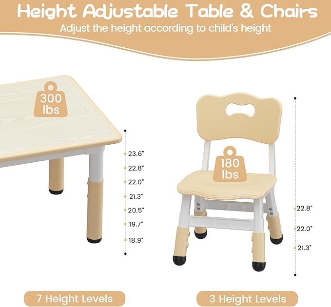 Kids Table and 4 Chairs Set, Height Adjustable Toddler Table and Chair Set for Ages 2-10, Graffiti Desktop, Non-Slip Legs, Arts & Crafts Table, Children Activity Table for Daycare Classroom Home