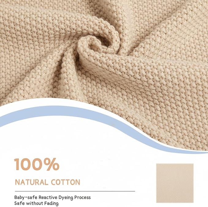 Baby Knit Blanket Soft Breathable Cotton Scallop Border Blankets Newborn Knitted Blanket Swaddle Blankets Gifts for Baby Newborn Toddler Shower Boy Girl New Mom Birthday Christmas Beige 28x36