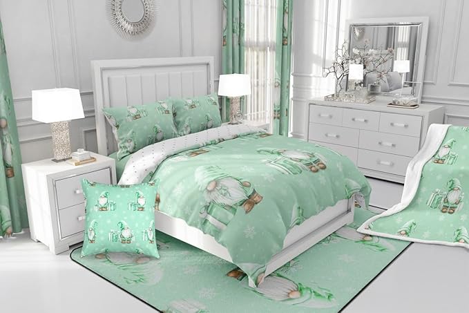 Feelyou Green Christmas Comforter Set All Season Scandinavian Christmas Santa Gnomes Bedding Set with 1 Pillow Cases Xmas Snowflake Kids Toddler Bedclothes Bedroom Decor Breathable Soft