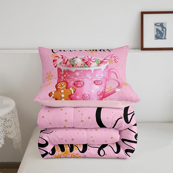 Erosebridal Merry Kids Full Comforter Sets Christmas Decor Bedding Sets Pink Xmas Snowflake Down Comforter Dessert Gingerbread Man Bed Set for Boys Girls Teens