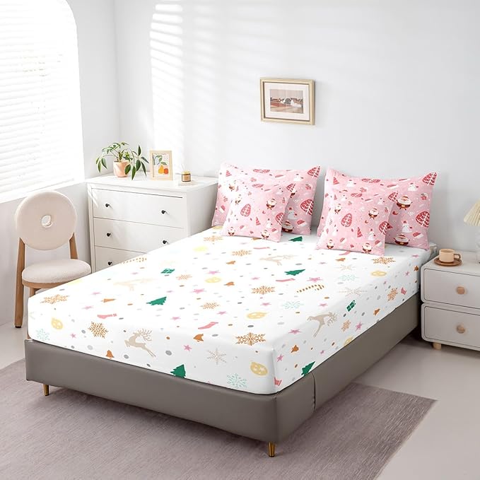 Feelyou Santa Claus Bed in a Bag Cute Rabbit Kawaii Pink Comforter Set with Sheets for Kids Boys Girls Decor Merry Christmas Bed Set Girly Pink Bedding Set Bedroom Collection King Size