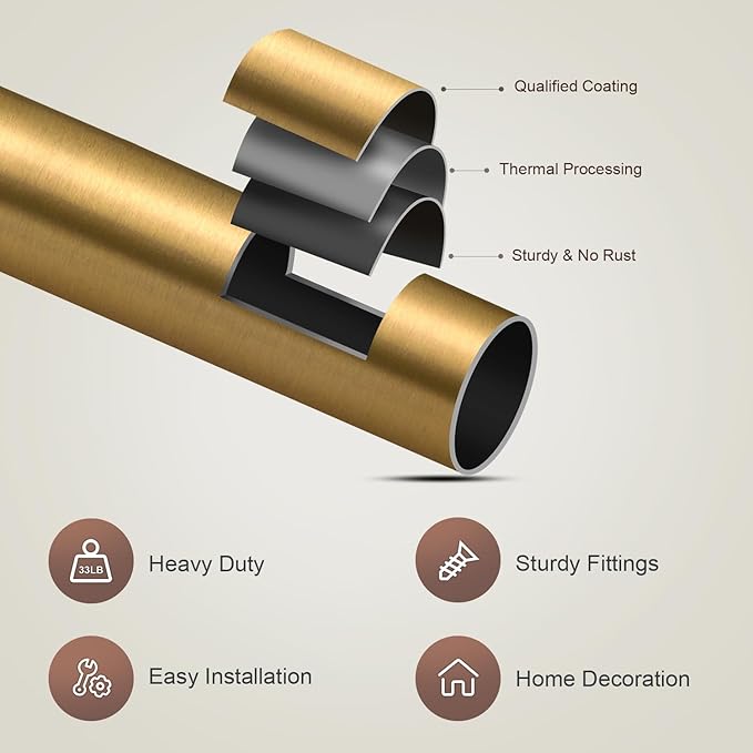 Brass Curtain Rods for Windows 48 to 84 Adjustable Modern Gold Curtain Rod 1 inch Diameter Heavy Duty with Solid Metal Finials for Living Room Bedroom Farmhouse Outdoor Patio