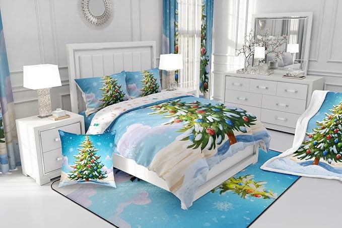 Feelyou Christmas Bedding Set Soft for Boys Girls, Xmas Tree Comforter Set Toddler Size Christmas Tree Ornaments Duvet Quilt Microfiber Winter Snowflake Bedroom Decor 2 Pcs with 1 Pillow Cases