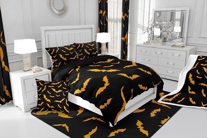 Erosebridal Bat Quilt Happy Halloween Decor Comforter Set Queen Size for Kids Boys Youth Gothic Spooky Bedding Set Orange Bats Silhouette Duvet Insert with 2 Pillow Cases
