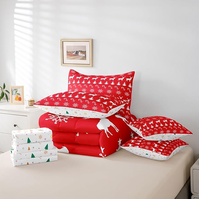 Erosebridal Christmas Queen Bedding Set 7 Piece,Xmas Elk Deer Bed in A Bag,Winter Snowflake Comforter Set Candy Pine Tree Sheet Set with Comforter,Red Christmas Decoration