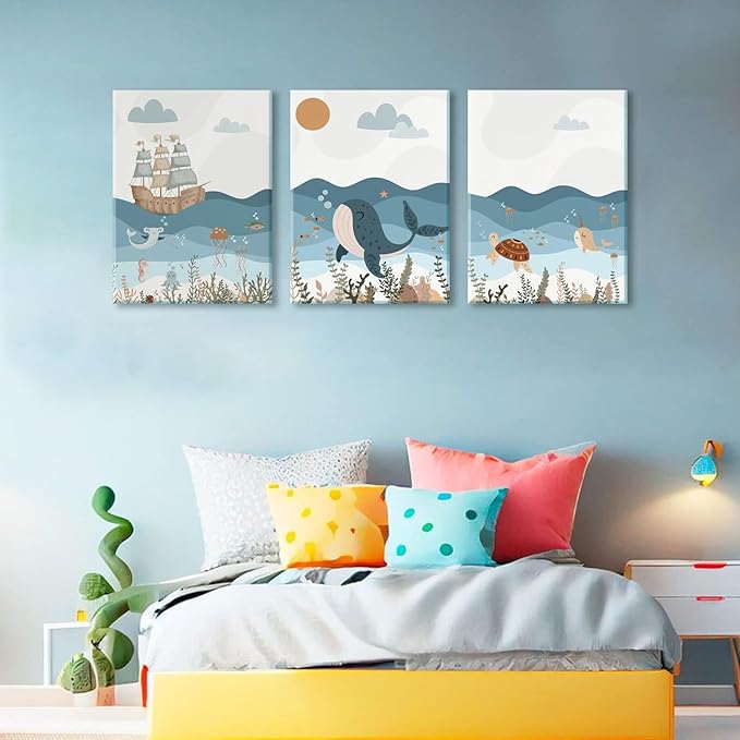 LYPHNX Framed Blue Ocean Nautical Nursery Canvas Wall Art Sea Turtle Whale Animal Painting Picture Set of 3 Kids Prints Poster Wall Decor for Baby Boys Girl Children's Room Bedroom Bathroom 12"x16"
