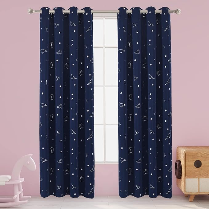 LORDTEX Dinosaur and Star Foil Print Blackout Curtains for Kids Room - Thermal Insulated Curtains Noise Reducing Window Drapes for Boys and Girls Bedroom, 52 x 108 Inch, Navy, Set of 2 Panels