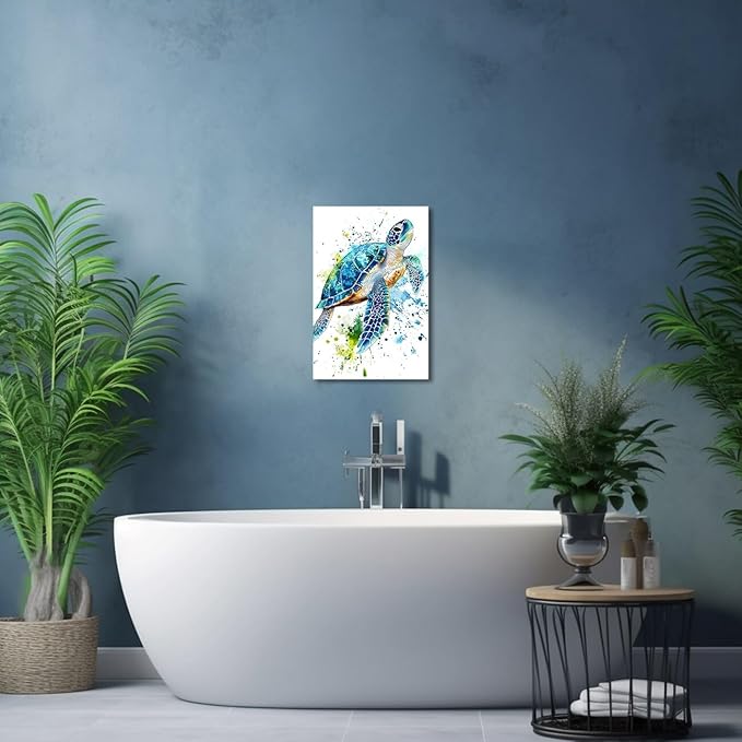 AWPANERAR Sea Turtle Wall Art Bathroom Pictures Watercolor Sea Life Canvas Prints Ocean Animal Poster Nautical Theme Artwork for Kids Room Nursery Decor Framed (White, (30L x 20W))