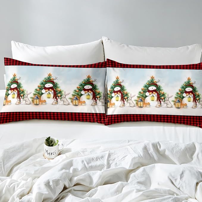 Manfei Red Plaid Duvet Cover Set King Size, Snowman and Xmas Tree Print Bedding Set 3pcs for Kids Boys Girls Bedroom Decor, Christmas Theme Comforter Cover with 2 Pillowcases,No Comforter