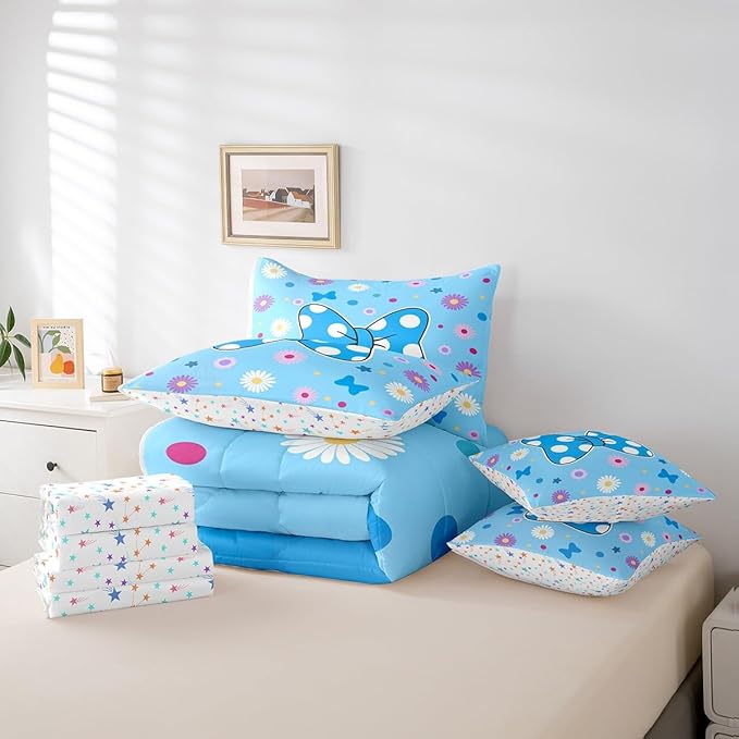 7 Pieces Blue Bowknot Kids Comforter Set Queen,Daisy Flowers Geometric Dot Patchwork Bedding Set,Star Bow Tie Princess Cute Dreamy（Comforter+Fitted+Flat Sheet+2 Pillowcases+2 Throw Pillow Covers）
