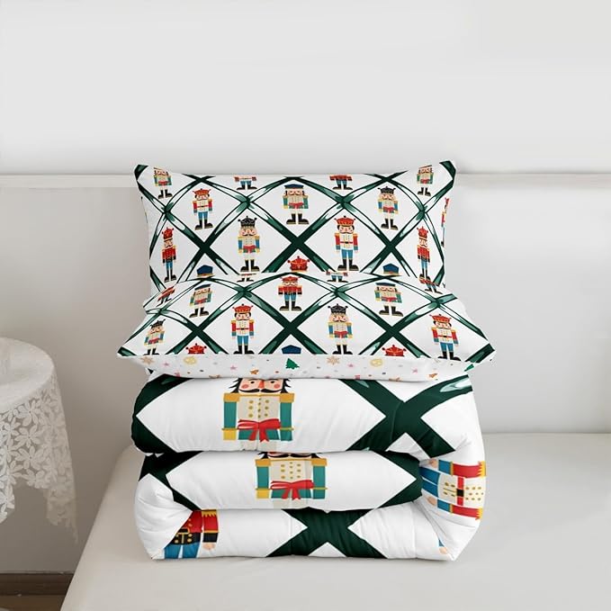 Feelyou Cute Nutcracker Bedding Set Soft for Boys Girls,Green Lattice Pattern Comforter Set Toddler Size Colorful Duvet Quilt Microfiber Funny Soldier Bedroom Decor Kawaii 2 Pcs with 1 Pillow Cases