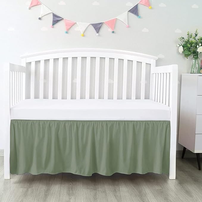 100% Egyptian Cotton, Nursery Crib Toddler (24" x 38" + 10") 800 Thread Count Crib Skirt Dust Ruffle, Bedding Skirts for Baby Boys or Girls, 10" Drop, Sage Solid