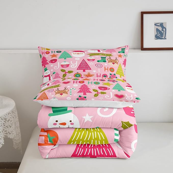 Merry Christmas Kids Comforter Set Full Size,Cartoon Santa Claus Snowman Bedding Set,Boys Girls Adults Room Decor,Christmas Trees Deer Cute Down Comforter,Pink Romantic Duvet Insert,2 Pillowcases