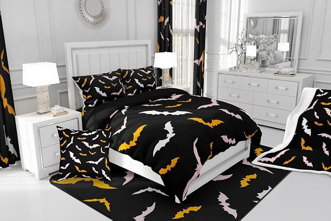 Erosebridal Bat Bedding Set Happy Halloween Comforter Set Toddler Size for Kids Boys Bedroom Pink and Orange Bat Quilt Gothic Spooky Style Duvet Insert with 1 Pillow Case