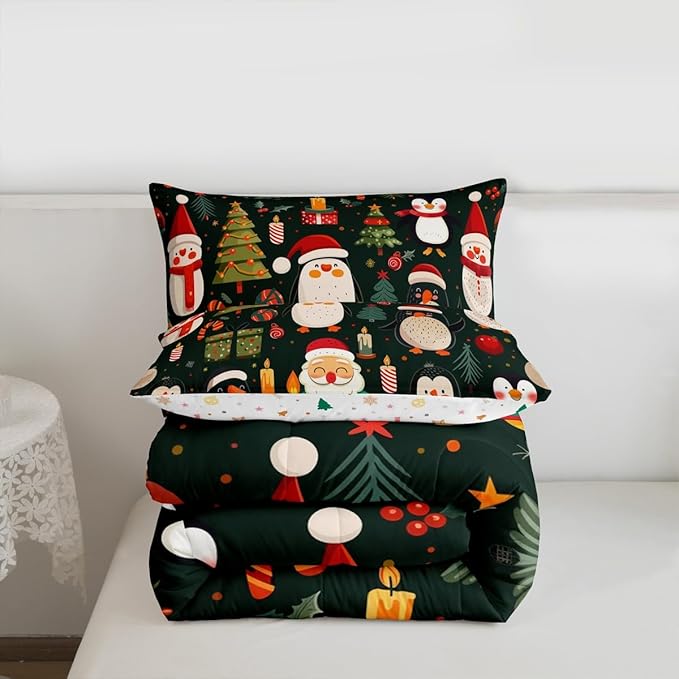 Feelyou Christmas Bedding Set Soft for Boys Girls, Penguin Santa Comforter Set Twin Size Xmas Tree Snowflake Duvet Quilt Microfiber New Year Gift Bedroom Decor 2 Pcs with 1 Pillow Cases
