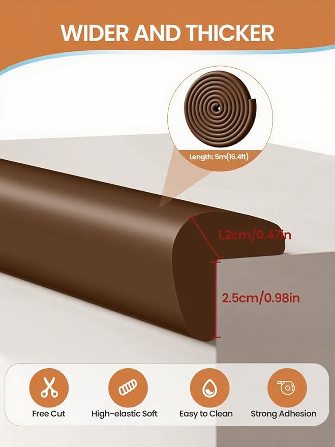 Baby Proof Edge Corner Protector, 16.4FT 0.47''Th L-Shape Furniture Corner & Edge Safety Bumper with 10 Corners, Pre-Taped, Soft NBR Rubber Foam Desk Edge Cushion Wall Corner Protector(Dark Brown)