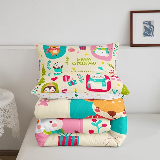 Erosebridal Merry Xmas Comforter Set Twin Size Christmas Tree Quilt for Kids Boys Girls Cartoon Penguin Bear Bedding Set Cute Deer Elk Duvet Insert with 1 Pillow Case