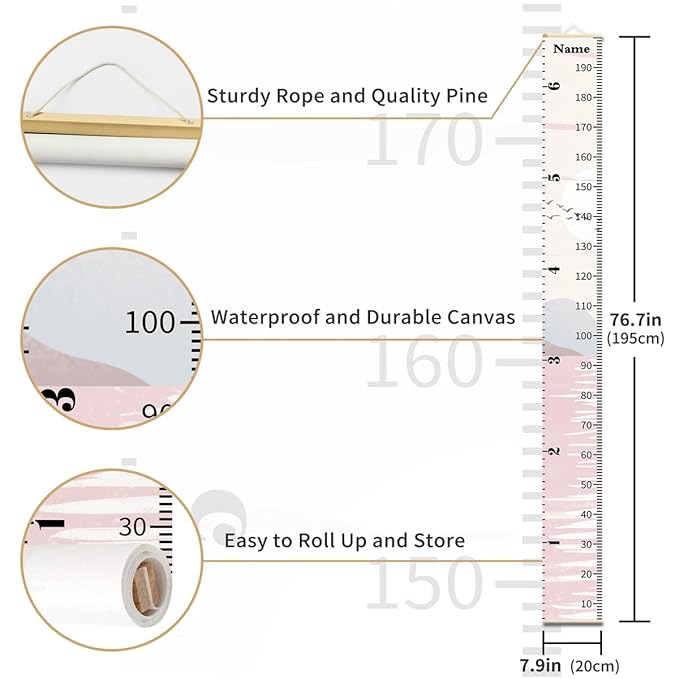 Personalized Growth Chart for Kids, Baby Height Chart with Custom Name, 77"x7.9" Canvas and Black Wood Height Measuring Rulers for Boys Girls Removable Wall Ruler Hanging for Nursery Decor - Sunset