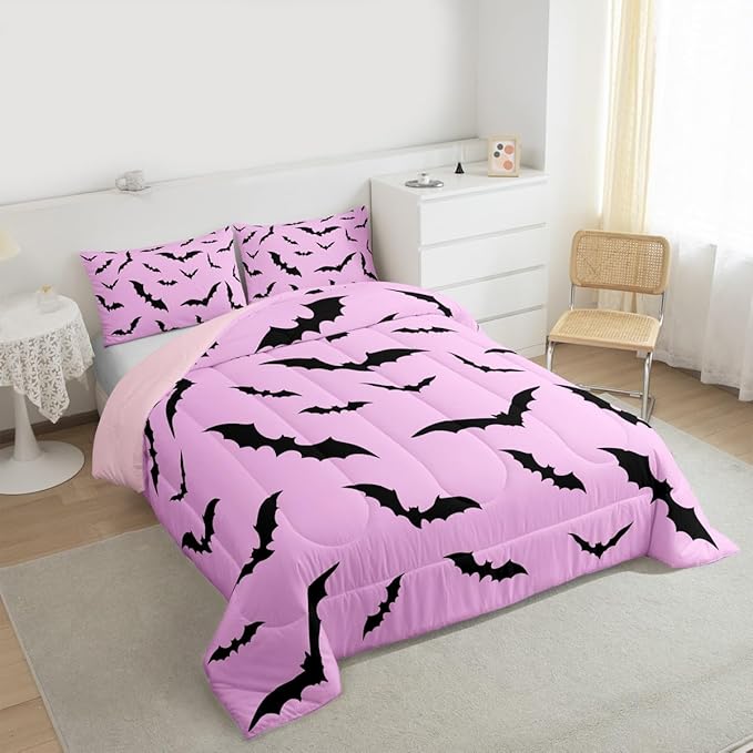 Erosebridal Gothic Bat Comforter Set Halloween Theme Bedding Set Twin Size,Horror Spooky Animal Quilt for Kids Boys Girls Adults Black Bats Silhouette Down Comforter,Pink Goth Room Decor