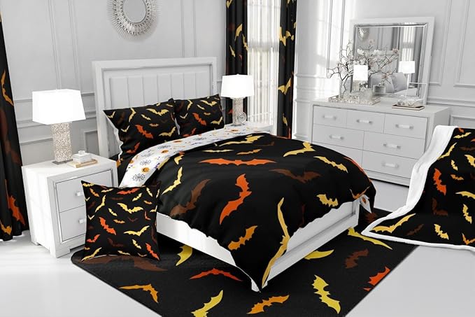 Erosebridal Bat Comforter Set for Kids Halloween Quilt Bats Animal Silhouette Bedding Set Toddler Size Happy Holiday Gothic Style Bedding Comforter Sets with 1 Pillow Case,Yellow and Orange