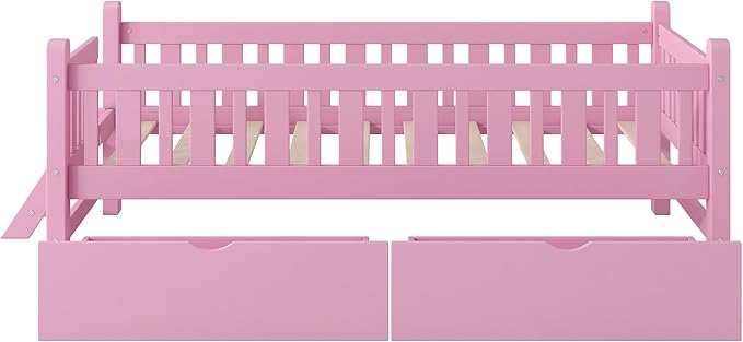 LUMISOL Twin Size Bed Frame with Drawers, Wood Twin Size Platform Bed with Guardrail and Slide Ladder, Twin Bed Frames for Girls Boys Teens, Pink Twin Bed Frame